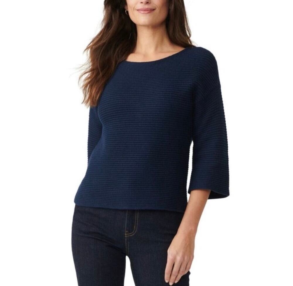 J. McLaughlin Emmeline Navy Ribbed 3/4 Sleeve Minimalist Knit Sweater Medium